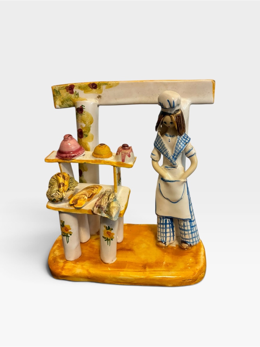 Hand-Painted Ceramic Baker Figurine in Yellow and Blue